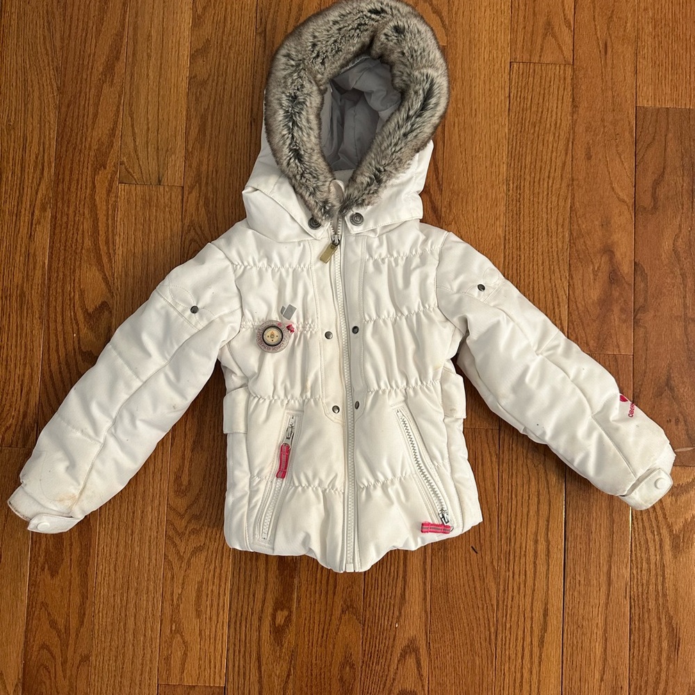 Obermeyer White Kids Jacket with Faux Fur Hood